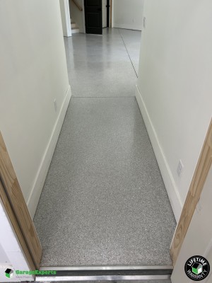 Residential Basement Floor With Limestone Hybrid Flake Epoxy Flooring in Gainesville, Ga