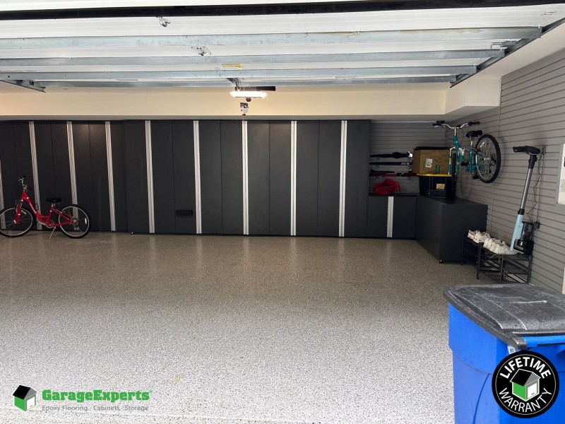 Residential Garage Epoxy Flooring and Cabinet Storage Solution in Westfield, New Jersey