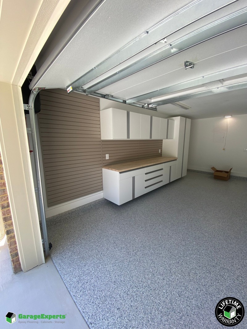 Residential Garage Epoxy Flooring and Cabinet Storage Solution in Virginia Beach, Virginia