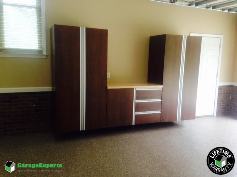 Residential Garage Epoxy Flooring and Cabinet Storage Solution in Mattews, Nc