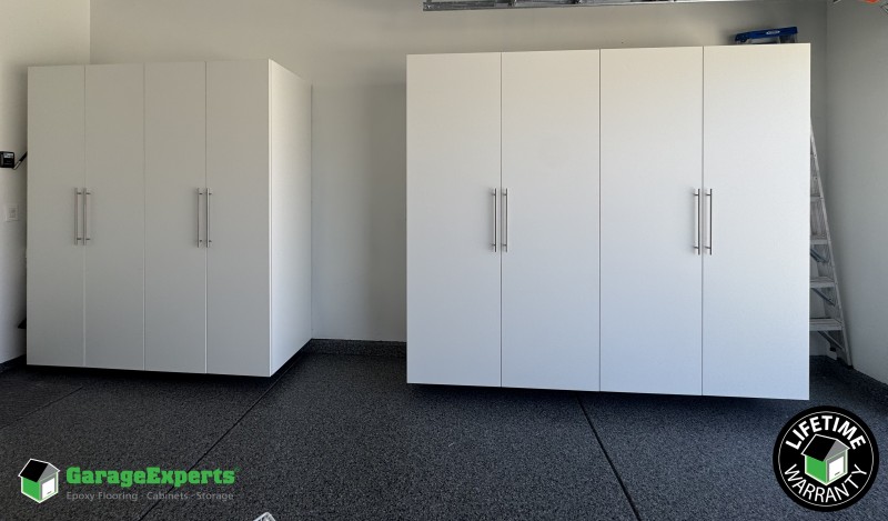 Residential Garage Epoxy Flooring and Cabinet Storage Solution in Clovis, Ca Image